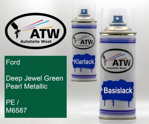 Ford, Deep Jewel Green Pearl Metallic, PE / M6587: 400ml Sprühdose + 400ml Klarlack - Set, von ATW Autoteile West.